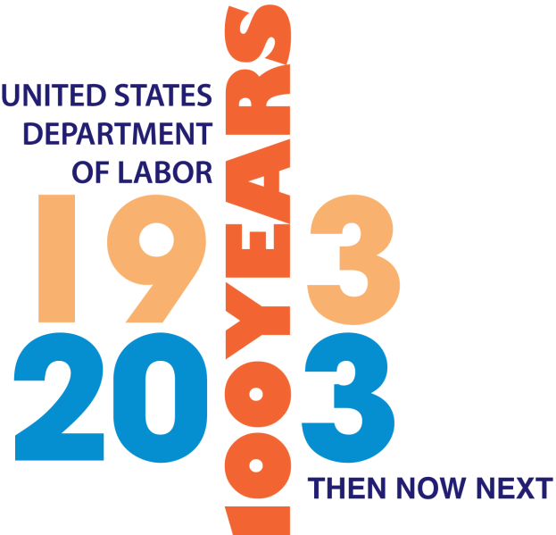 Das Logo des US-Arbeitsministeriums, ein blauer Kreis mit einem weißen Stern in der Mitte und einem weißen Rand, mit dem Text "1933 dann jetzt nächsten" darunter in fetter, schwarzer Schrift.