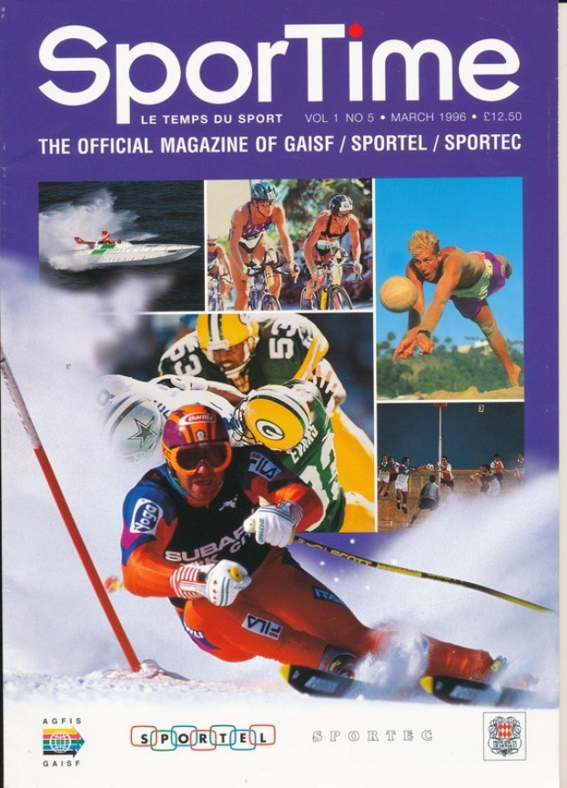 Ein Magazin-Cover mit der Überschrift "Sporttime Magazine - März 1996" mit Bildern von Menschen beim Skifahren und Snowboarden sowie Text und Logos.