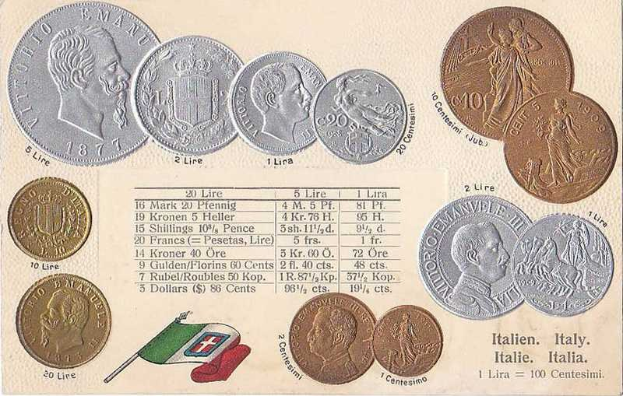 Eine Sammlung italienischer Münzen von 1877-1910, darunter mehrere 20-Lire-Münzen, in einer Reihe mit Text und Porträts auf einem Papier mit zwei Flaggen, darunter die italienische Flagge.