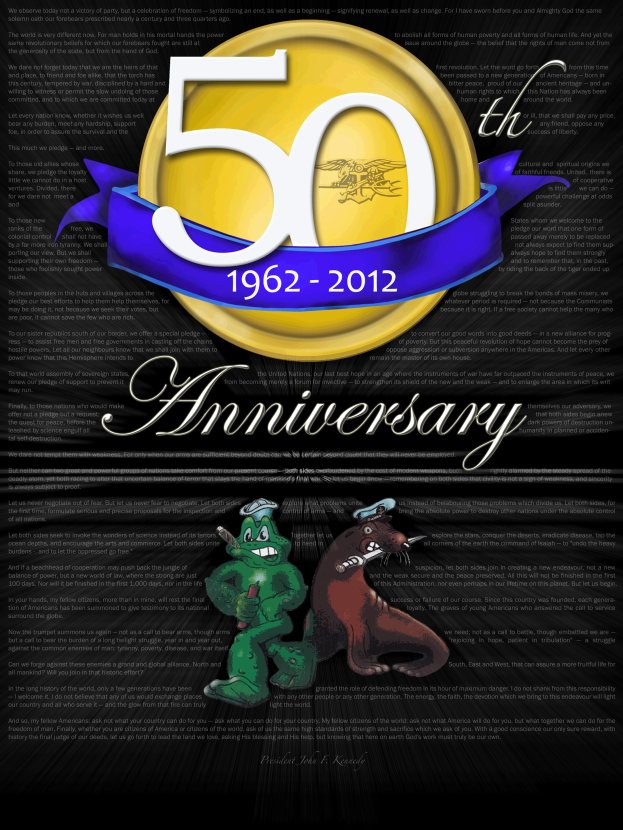 Ein 50. Geburtstagsposter mit schwarzem Hintergrund, das den Text '50. Geburtstag', ein Schild-Logo mit einem Stern und einem Lorbeerkranz sowie Cartoon-Abbildungen eines Mannes im Anzug und einer Frau in einem Kleid zeigt, die sich gegenseitig umarmen, alles in hellen und leuchtenden Farben.