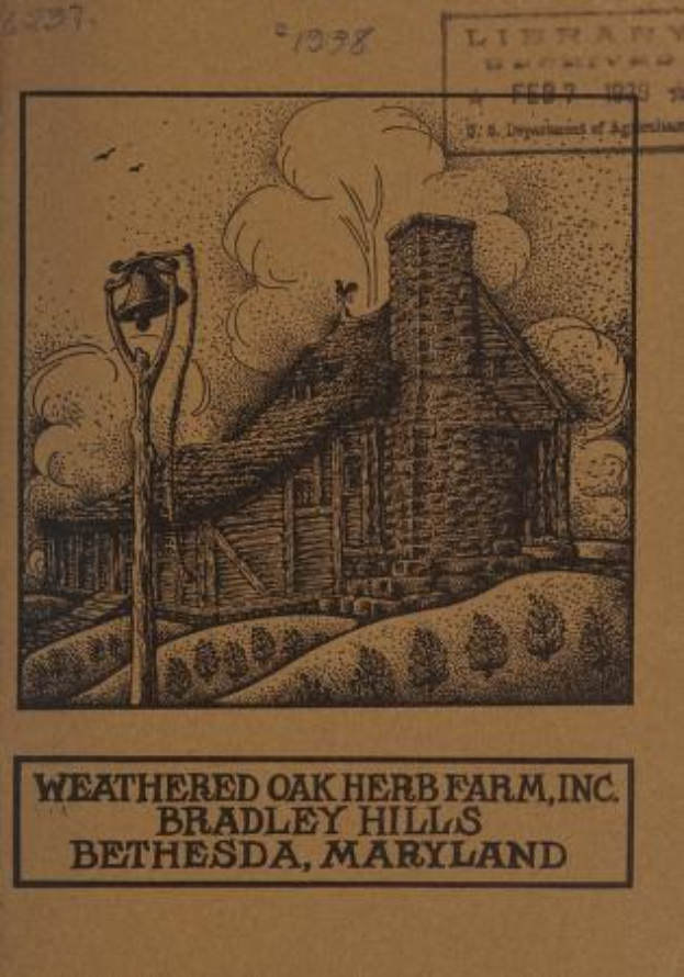 Schwarze-Weiß-Illustration eines alten Buches, das eine verwitterte Eichenkrautfarm in Bradley Hills, Bethesda, Maryland zeigt, mit einem Haus, grünem Gras und fliegenden Vögeln; der Text auf dem Buchdeckel lautet "Weathered Oak Herb Farm, Inc."