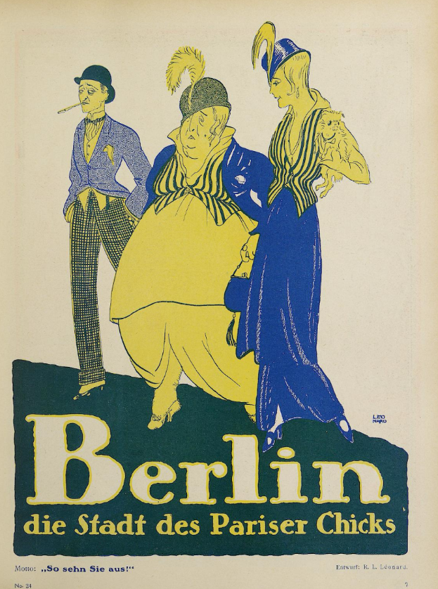 Ein Plakat, das ein Konzert in Berlin, Deutschland, ankündigt, zeigt eine Gruppe von Menschen in bunter Kleidung vor einem Gebäude mit der Aufschrift 'Berlin - Die Stadt des Pariser Chicks' oben.