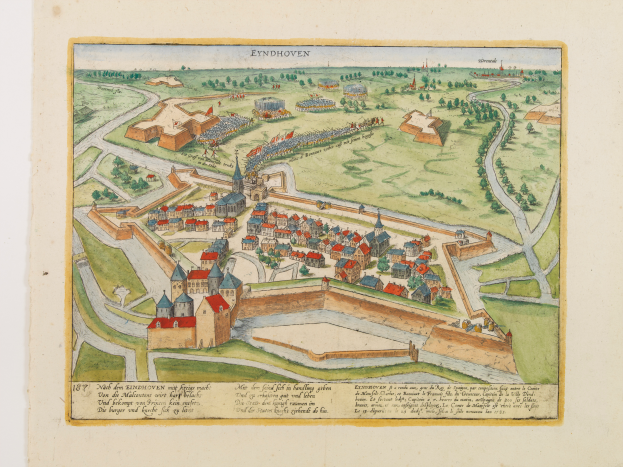 Ein detailliertes altes Stadtplan von Eindhoven, Niederlande, zeigt Gebäude, Straßen, Bäume und Text auf Papier, der die Stadtplanung und historische sowie kulturelle Informationen liefert.