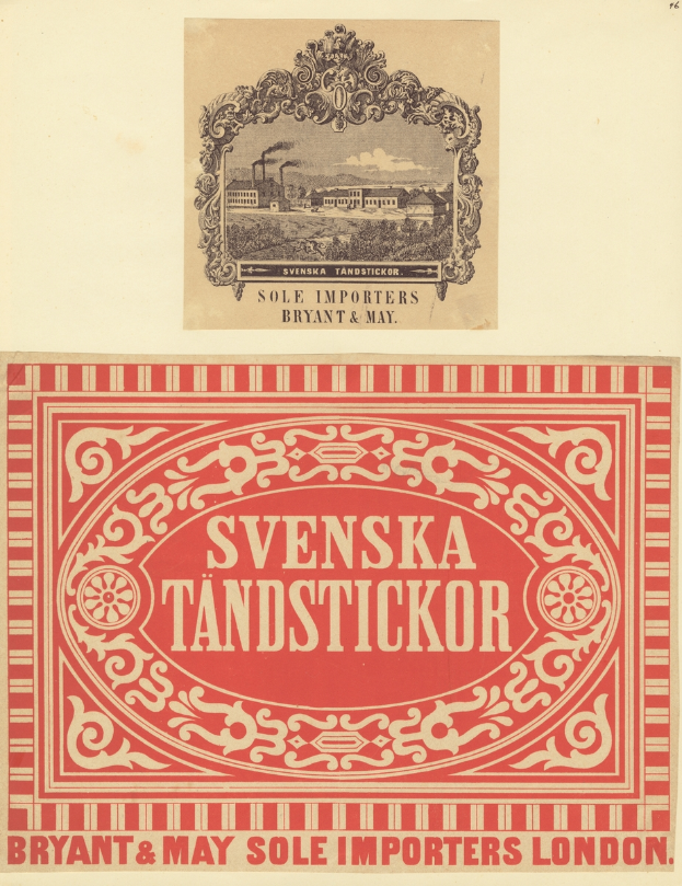 Ein Plakat mit einer Gebäudeabbildung und dem Text "Svenska Tandstickor - Bryant & May Sole Importers London".