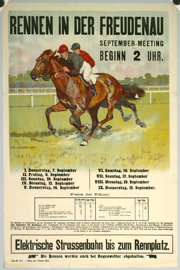 Ein Plakat, das ein Pferderennen in Deutschland ankündigt und zwei Reiter auf Pferden im Vordergrund sowie Bäume im Hintergrund zeigt, mit Text auf dem Plakat, der wahrscheinlich Informationen zum Rennen enthält.