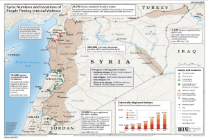 Ein Plakat mit einer Karte von Syrien, auf der betroffene Gebiete markiert sind und die die Anzahl der Menschen zeigt, die vor internaler Gewalt fliehen, begleitet von Text und Graphiken.