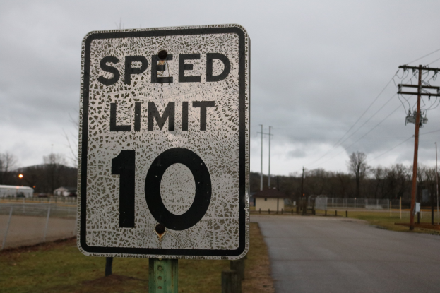 Geschwindigkeitsbegrenzungsschild am Straßenrand mit Gras, Strommasten, Häusern, Bäumen und einem bewölkten Himmel.