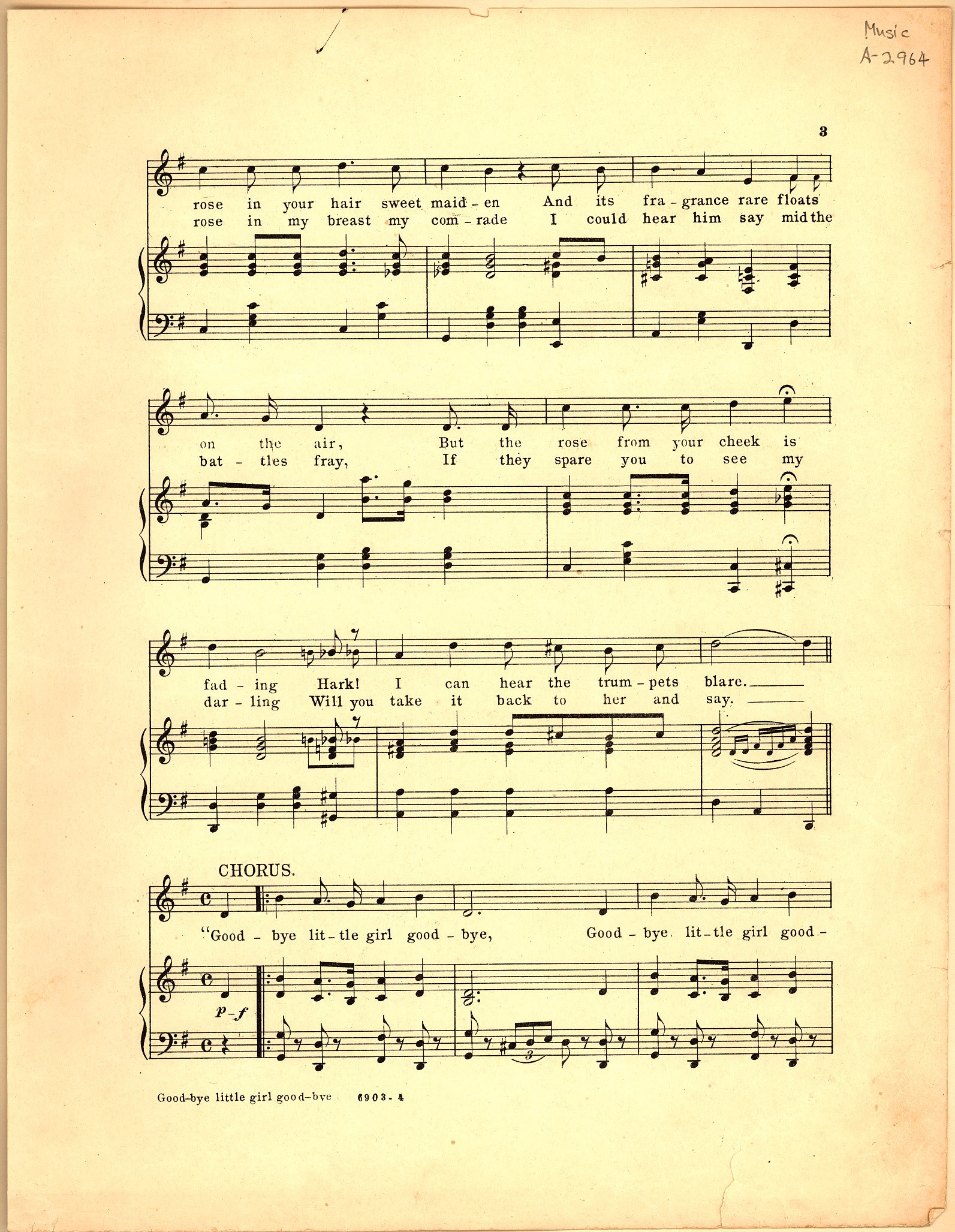Altes Notenblatt mit der Überschrift "Goodbye Little Girl" mit Violinschlüssel und Bassschlüssel, Musiksymbolen und Text auf hellcremefarbenem Papier.