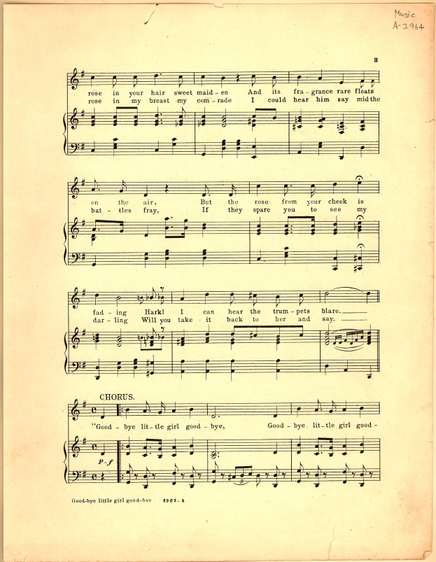 Altes Notenblatt mit der Überschrift "Goodbye Little Girl" mit Violinschlüssel und Bassschlüssel, Musiksymbolen und Text auf hellcremefarbenem Papier.
