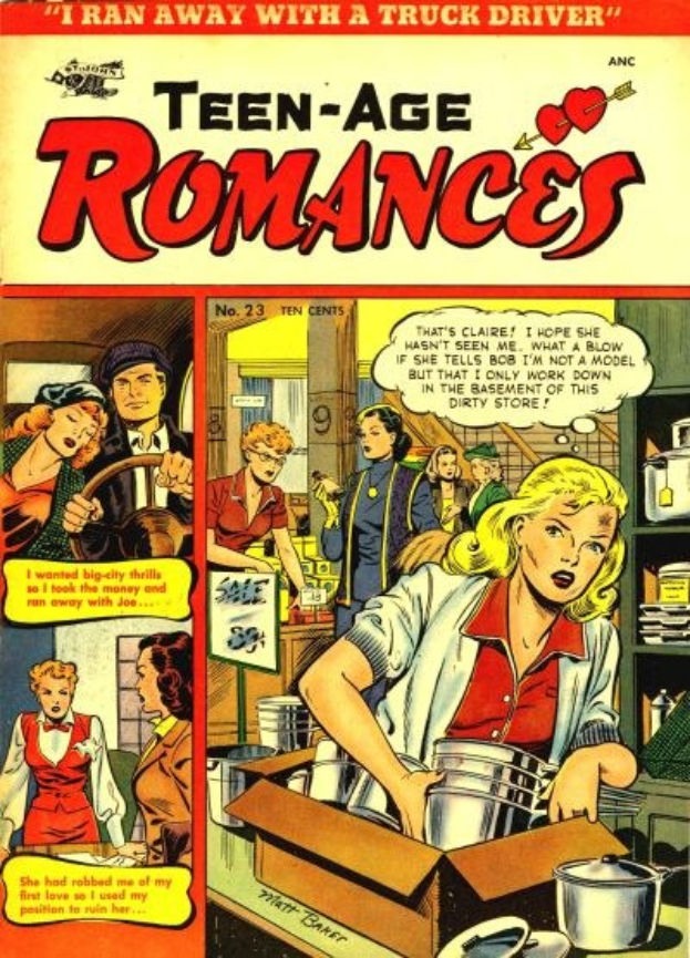 Ein leuchtendes DC-Comics-Plakat mit der Aufschrift "Teen-Age Romances 23-A", das eine Gruppe von Menschen in einer fröhlichen, romantischen Umarmung zeigt, mit fetter Schrift und bunten Farben.