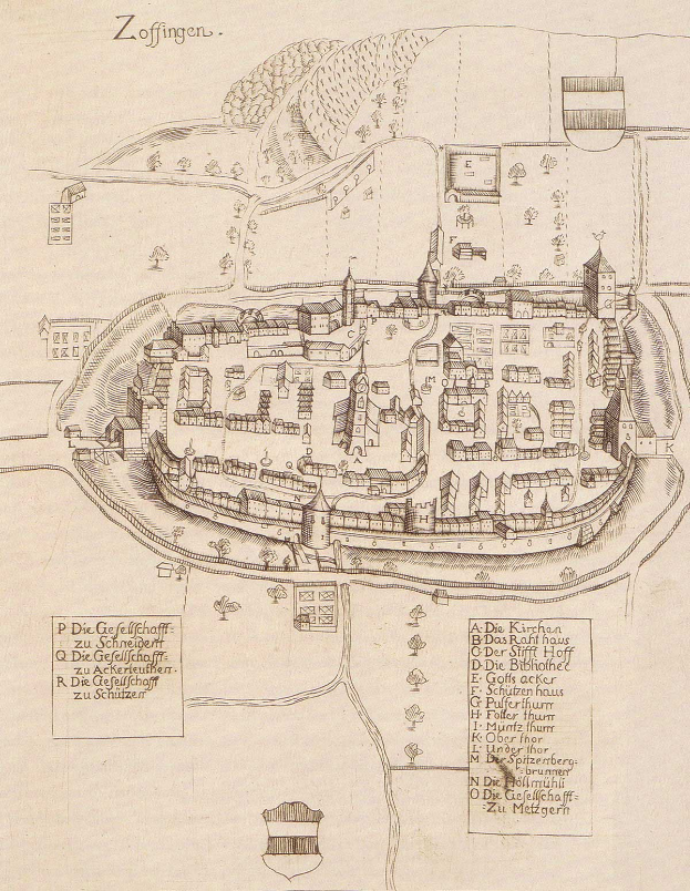 Ein detaillierter alter Stadtplan von Zoffingen, Deutschland, der den Stadtplan mit Straßen, Gebäuden, Bäumen und begleitendem Text zeigt, der Informationen über die Stadt liefert.