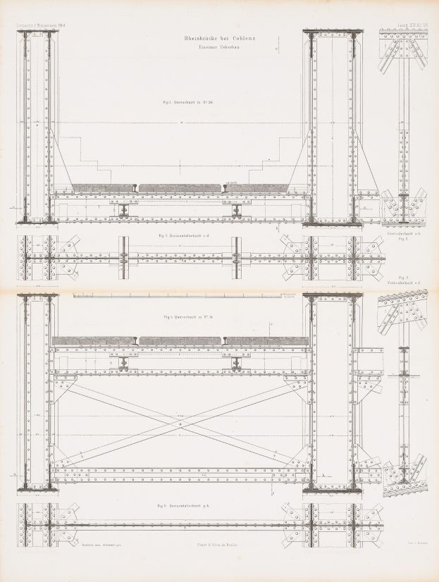 Detailierter Konstruktionsplan einer Brücke mit beschrifteten Balken, Seilen und Bauteilen aus einem Buch.