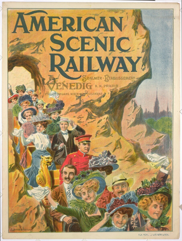 Plakat für die Amerikanische Scenic Railway in Venedig, Deutschland, das Menschen vor Hügeln unter einem hellblauen Himmel zeigt, mit Text und einigen, die Hüte tragen.