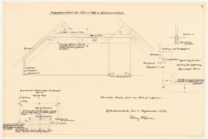 Schwarz-weißes architektonisches Zeichnung eines Hauses mit einem Dach, das als erster Grundriss bezeichnet wird, begleitet von detailliertem Text und strukturellen Anmerkungen.