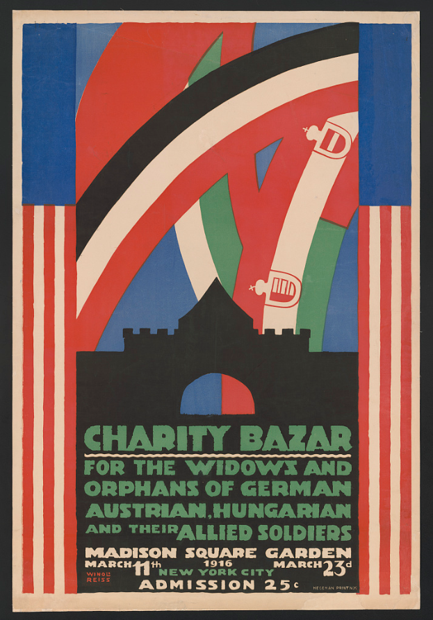 Plakat f"{u}r einen Wohlt"{a}tigkeitsbasar f"{u}r die Witwen und Waisen von Soldaten aus verschiedenen L"{a}ndern, mit Text zu den Event-Details.