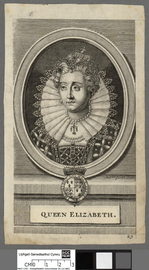 Porträt der Queen Elizabeth I. von England in königlicher Kleidung, einschließlich einer Krone und Tiara, mit ihrem Haar in einem Dutt frisiert und ihrem Blick zur Seite gerichtet.