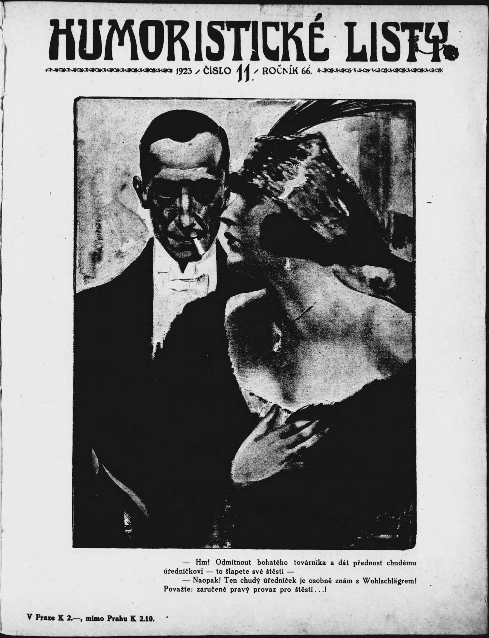 Schwarzes und weißes Magazin-Cover mit der überschrift 'Humoristische Liste', das einen Mann in Anzug mit ernster Miene und eine Frau mit einem spitzböigen Grinsen zeigt.