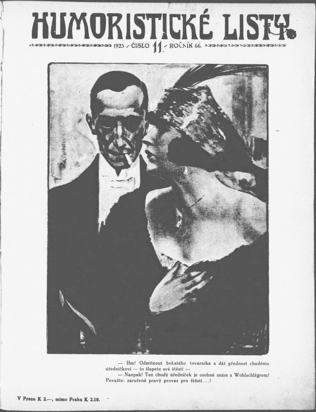 Schwarzes und weißes Magazin-Cover mit der überschrift 'Humoristische Liste', das einen Mann in Anzug mit ernster Miene und eine Frau mit einem spitzböigen Grinsen zeigt.