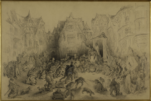 Ein gerahmtes Bild einer belebten Stadtstraße mit Menschen, die stehen und sitzen, in einer lebhaften Atmosphäre, mit Gebäuden im Hintergrund.