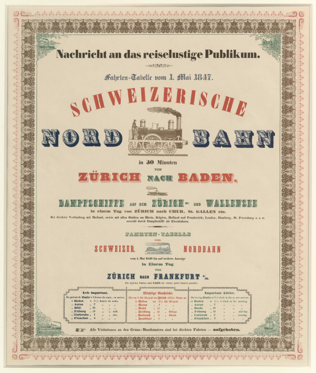 Plakat mit einem Zug in der Mitte auf einem hellgelben Hintergrund mit schwarzem und weißem Karomuster, Text 'Schweizerische Nordbahn in Baden, Deutschland' in fetter schwarzer Schrift mit einem dekorativen Rahmen.