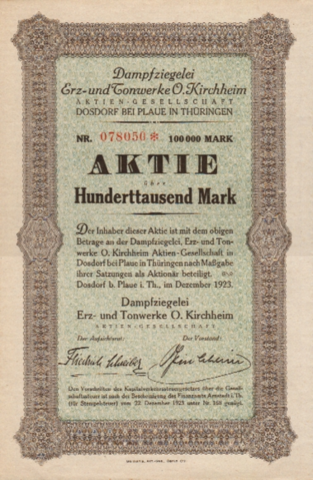 Ein altes deutsches Aktienzertifikat mit einem Porträt eines Mannes und Text zur Herkunft.