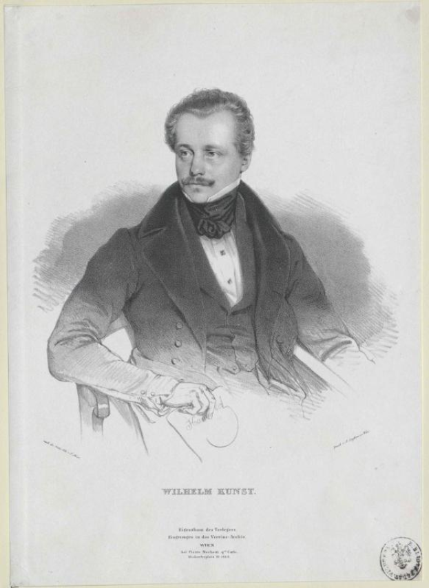 Ein Schwarz-Weiß-Zeichnung von Wilhelm Kunst, einem deutschen Komponisten, der in einem Stuhl sitzt, mit Text und einem Logo unten.