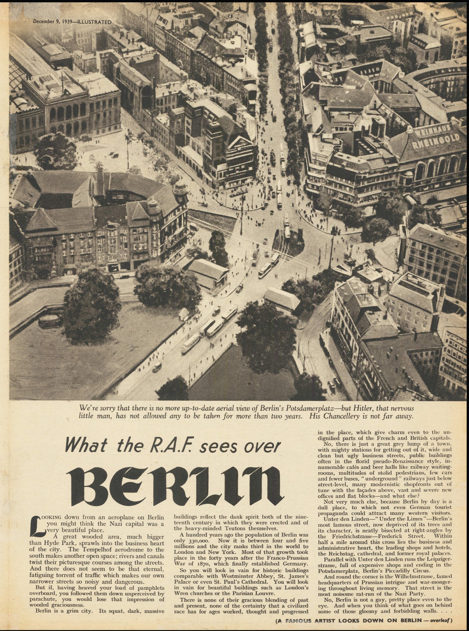Schwarzes und weißes Zeitungsfoto, das eine Stadtlandschaft mit Gebäuden, Bäumen und Fahrzeugen zeigt und von Text begleitet wird.