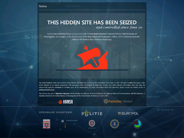 Ein Computerbildschirm mit einer Beschlagnahmungsbenachrichtigung, auf der in fetter schwarzer Schrift der Text 'Diese verdeckte Website wurde beschlagnahmt' steht, umgeben von einem weißen Rand und dem Logo der niederländischen Nationalpolizei, ein Schild mit einem blauen Hintergrund und einem weißen Stern in der Mitte.