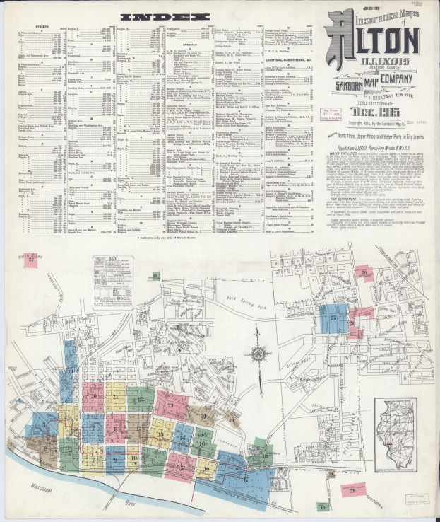Ein alter Stadtplan von Alton, Illinois, der die Versicherungsdeckung in verschiedenen Farben und Symbolen darstellt.