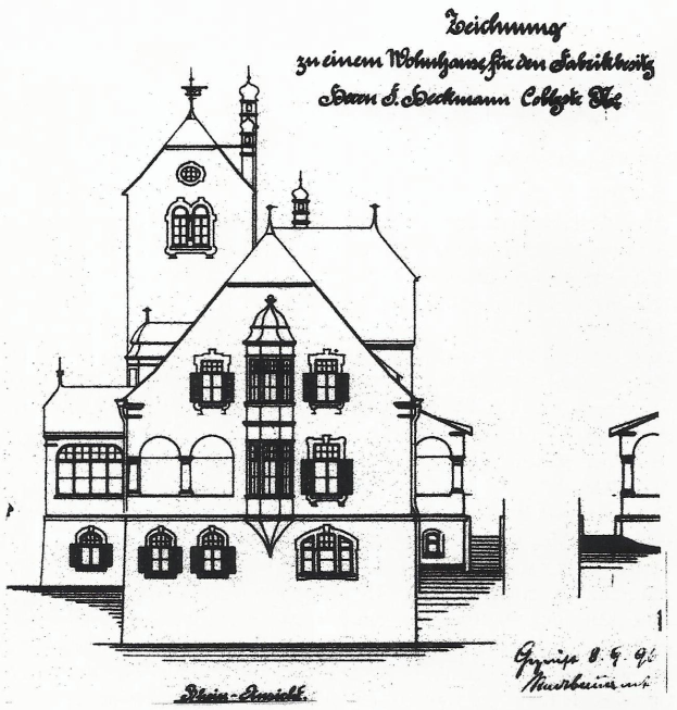 Eine Schwarz-Weiß-Zeichnung des Schumann-College in Schumann, Deutschland, mit einem Uhrenturm, umgeben von Text.