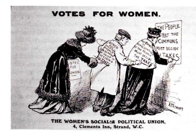 Cartoon von drei Frauen in traditioneller Kleidung, die ein Papier mit der Aufschrift "Stimmrecht für Frauen: Die Women's Social & Political Union" halten, mit entschlossenen Gesichtern vor einem hellblauen Himmel mit weißen Wolken.