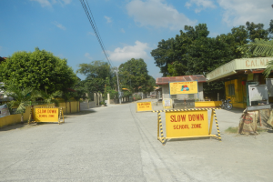 Eine Straße mit einem gelben "Slow Down School Zone"-Schild auf der linken Seite, parkende Fahrzeuge auf der rechten Seite und einem Hintergrund mit Bäumen, Gebäuden, Polen, Drähten und dem Himmel.