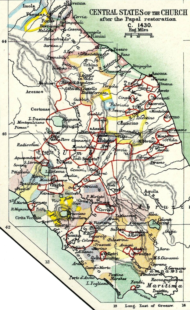 Detailierte Kartenvorlage der Zentralstaaten der Kirche nach der Napa-Renovierung, die Städte, Ortschaften und geografische Merkmale mit zusätzlichem Text über das Datum, die Uhrzeit und den Ort der Renovierung zeigt.