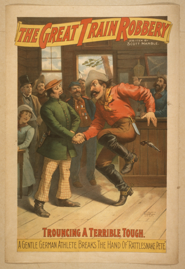 Ein Plakat, das eine Gruppe von Menschen auf einem Boden zeigt, einer hält eine Waffe in der Hand, mit Text oben und unten, der "Der große Zugraub - Trouching a Terrible Tough" lautet.