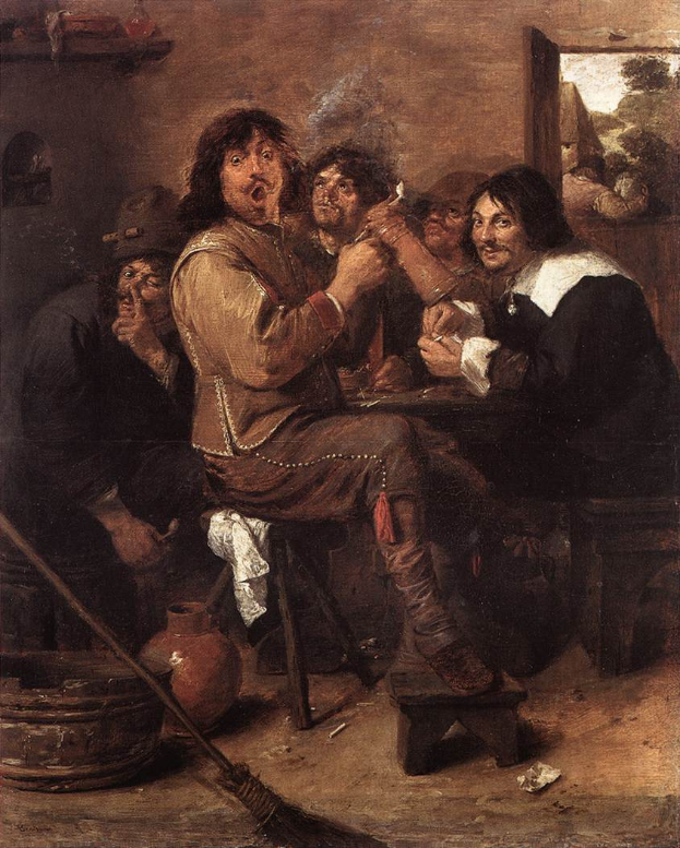 Ein Gemälde namens "Der Magier" von Jan van Eyck, das eine Gruppe von Menschen zeigt, die um einen Tisch in einer Schenke sitzen, mit verschiedenen Gegenständen auf dem Boden, einer Wand, einer Tür und einem Fenster, durch das Bäume und Himmel zu sehen sind.