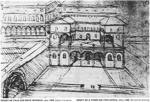 Ein detailliertes architektonisches Zeichnung eines zweistöckigen Stadtplans mit einem Gebäude mit zahlreichen Fenstern und Überkrömungen, begleitet von Text am unteren Rand.