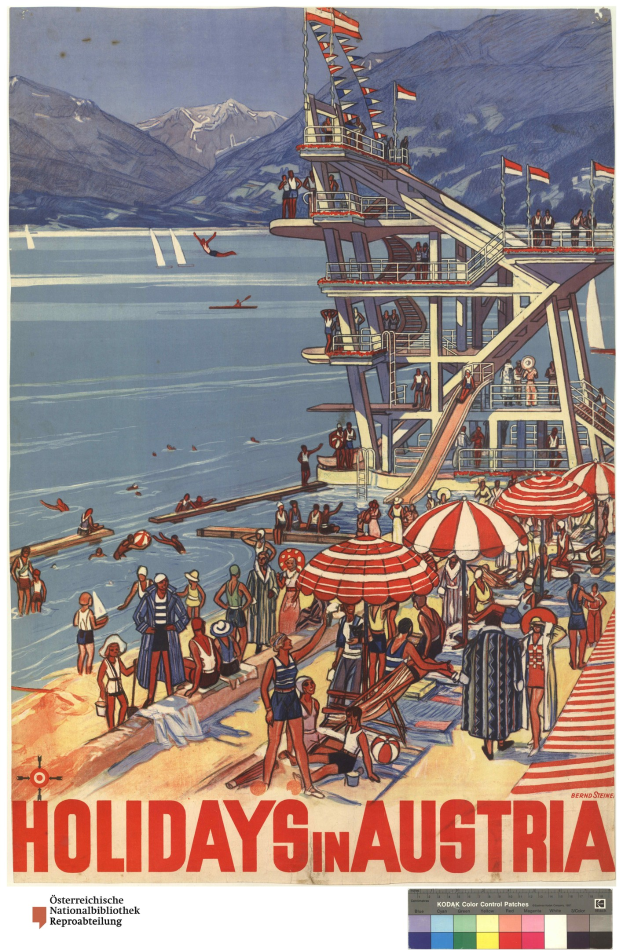 Plakat, das Urlaube in Österreich anpreist, mit Menschen am Strand mit Schirmen, einem Schiff im Hintergrund, winkenden Fahnen, entfernten Bergen und Text.