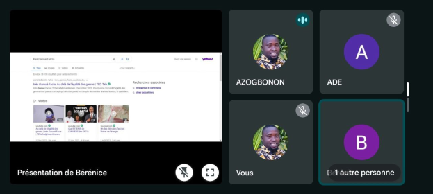 Ein Screenshot der Yahoo Finance-Website mit einer Gruppe von Menschen links, Bildern und Text rechts und dem Text "Yahoo Finance - Präsentation de Bérénice" unten.