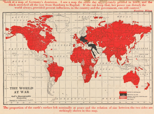 Ein Plakat mit einer Weltkarte in Rot und Schwarz mit der Aufschrift "Die Welt im Krieg" in fetter Schrift darüber.