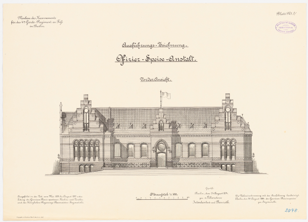 Eine Zeichnung des Hauptsaals des Deutschen Parlaments in Berlin, Deutschland, mit einer Flagge oben drauf, begleitet von beschreibendem Text.