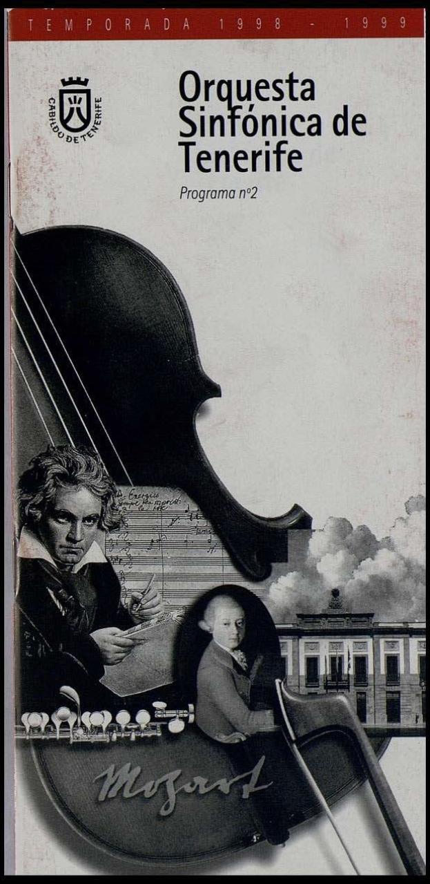 Plakat für das zweite Programm des Symphonieorchesters Teneriffa, das Mozarts Symphonie Nr. 2 in D-Moll, Op. 63, mit zwei Geigern im Vordergrund und einem Gebäude im Hintergrund zeigt.