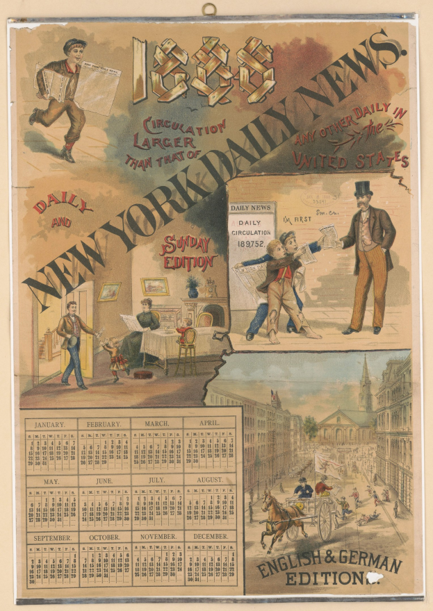 Schwarze und weiße Zeitung mit dem Titel "New York Daily News" und Kalender, zeigt Bilder von verschiedenen Menschen und Stadtgebäuden.