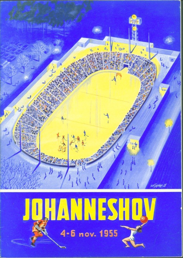 Plakat für ein Hockey-Spiel in Johannesburg 1955 mit einem vollen Stadion mit Bäumen und Lichtern und begleitendem Text und Zahlen.