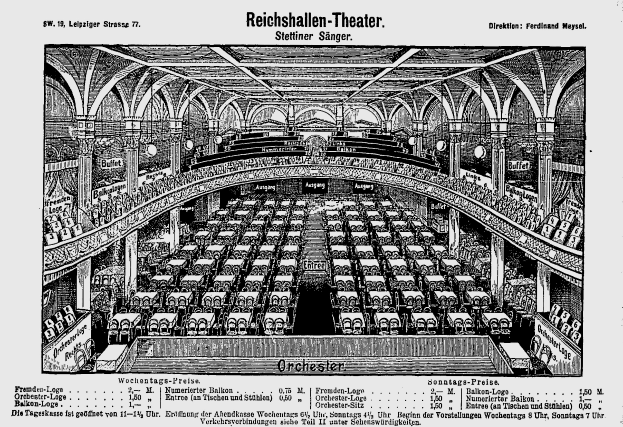 Eine Schwarz-Weiß-Zeichnung des Reichshallen Theaters in Berlin, Deutschland, zeigt das Auditorium mit Stuhlreihen, Säulen und einer Decke, mit Text unten.