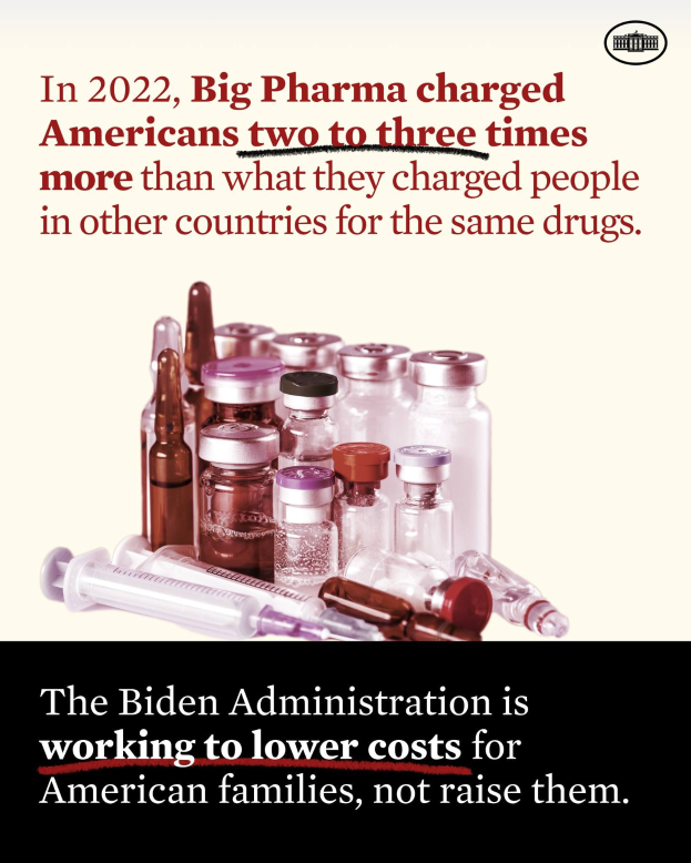 Plakat, das zeigt, dass Big Pharma in 2022 Amerikanern zwei bis drei Mal so viel für dieselben Medikamente berechnet hat wie in anderen Ländern, mit Bildern von Medikamentenflaschen und einer Spritze.