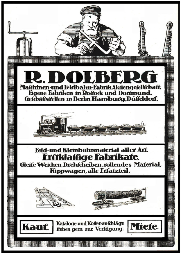Eine Werbung für die Fabrik von R.D. Dolberg in Hamburg, Deutschland, mit einem Plakat mit Text, einem Bild einer Person, einem Zug und anderen Gegenständen.