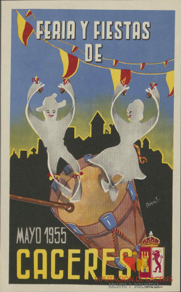 Buntes Plakat, das das Festival Feria y Fiestas de Cáceres in Spanien ankündigt, mit traditionellen Kostümen, einem gelben Hintergrund und fetter schwarzer Schrift.