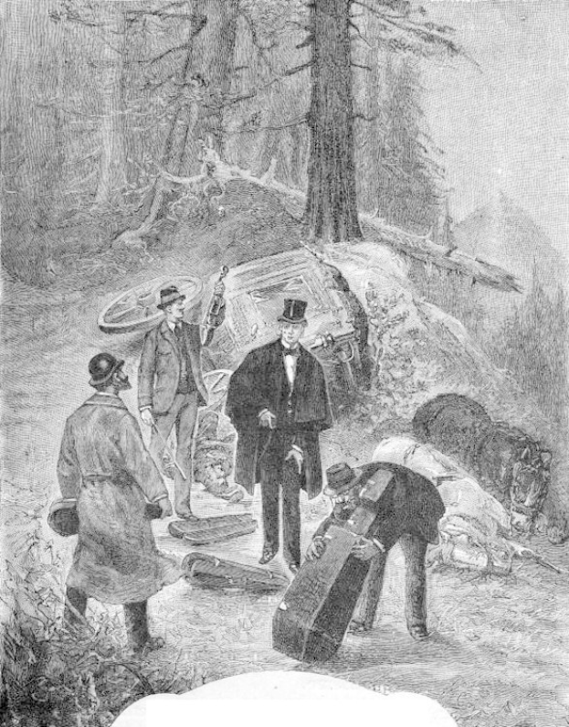 Eine Gruppe von Männern in Schwarz-Weiß-Kleidung steht um ein Auto in einem Waldgebiet herum, einer hält eine Waffe, mit dem Text 'Der Tod von George Washington' unten.
