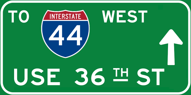 Grüne Highway-Schilder mit "Interstate 44 West" und einem nach rechts zeigenden Pfeil, zusätzliche Texte und Zahlen vorhanden.