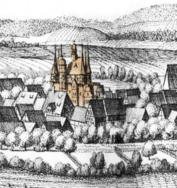 Schwarze und weiße Zeichnung einer kleinen Stadt mit einer zentralen Kirche, umgeben von Bäumen und Hügeln, beschriftet mit "Gotische Architektur in Deutschland" unten.